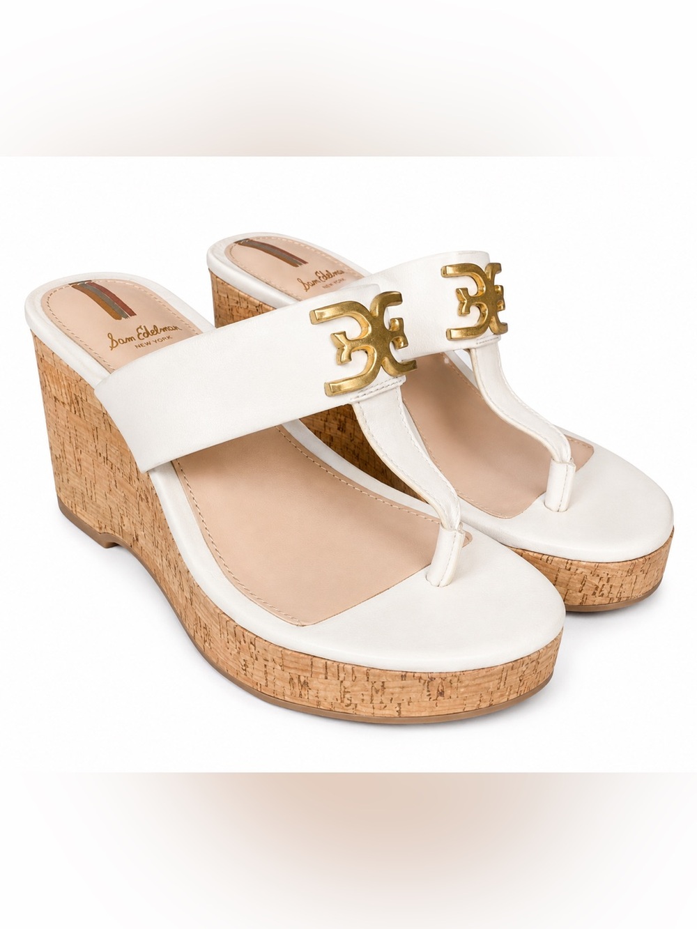 Sam Edelman Yardlie Cork Wedge Thong Sandals White Leather Gold Logo 7.5
